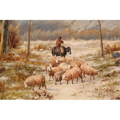 16 - Hendrik Barend Koekkoek (1849-1909) Dutch, a shepherd and his flock amongst trees, snow on the groun... 