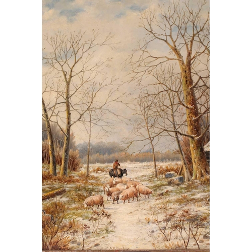 16 - Hendrik Barend Koekkoek (1849-1909) Dutch, a shepherd and his flock amongst trees, snow on the groun... 