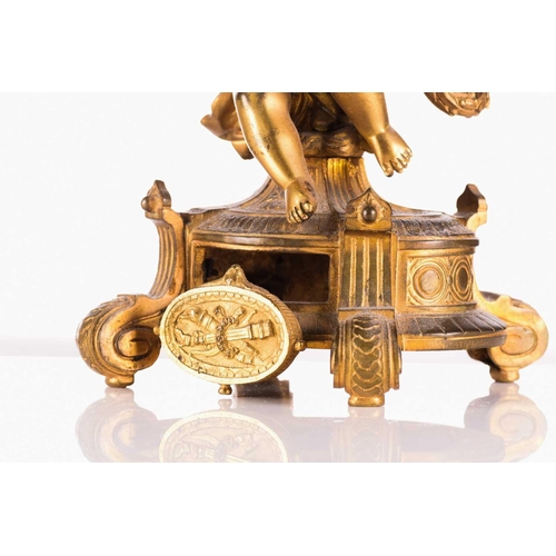 172 - A late 19th century Henry Marc of Paris 8-day ormolu clock garniture with figural surmounts of a pai... 