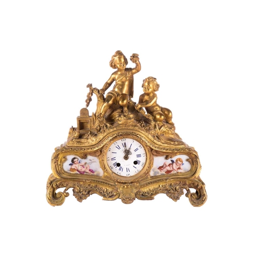 172 - A late 19th century Henry Marc of Paris 8-day ormolu clock garniture with figural surmounts of a pai... 