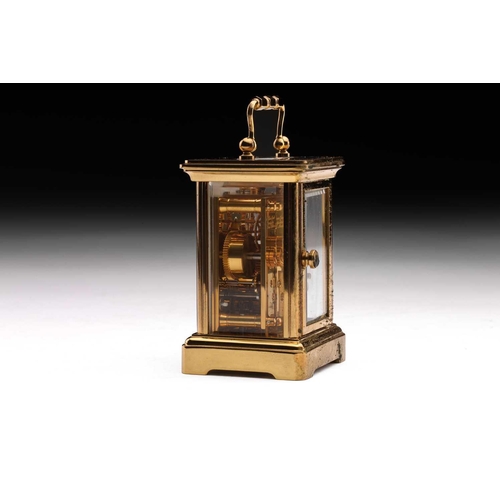 174 - A Matthew Norman miniature brass four-glass carriage clock, in fitted case with original paperwork.