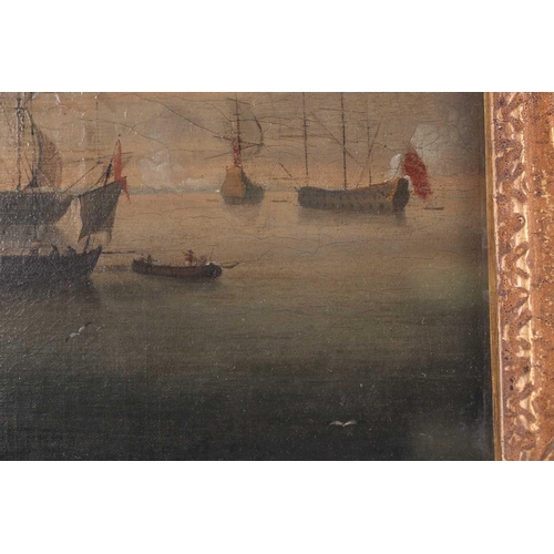 18 - 18th century British School, seascape with galleons and smaller ships in a harbour, oil on canvas, a... 