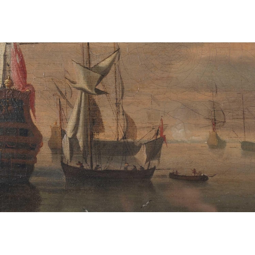 18 - 18th century British School, seascape with galleons and smaller ships in a harbour, oil on canvas, a... 