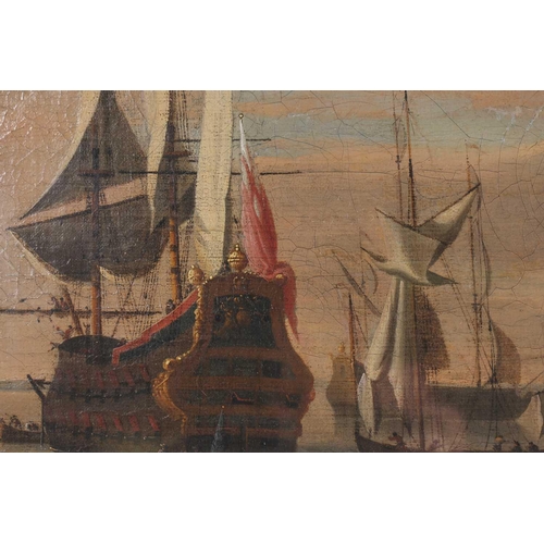 18 - 18th century British School, seascape with galleons and smaller ships in a harbour, oil on canvas, a... 