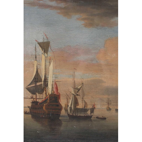 18 - 18th century British School, seascape with galleons and smaller ships in a harbour, oil on canvas, a... 