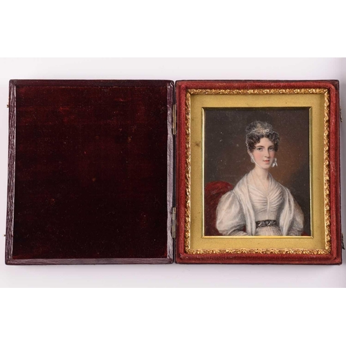 181 - T. Carty, a 19th century rectangular bust-length portrait on ivory panel miniature of a lady in an 