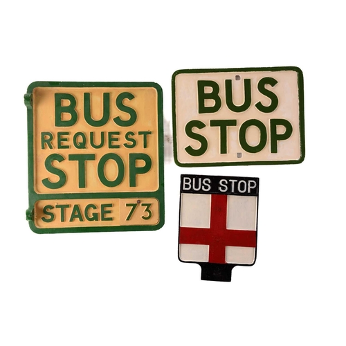 189 - A group of three cast metal and painted bus stop signs, mid-20th century, the largest 34.5 cm x 30cm... 