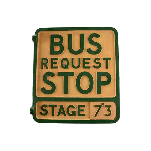 189 - A group of three cast metal and painted bus stop signs, mid-20th century, the largest 34.5 cm x 30cm... 