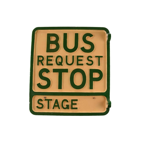 189 - A group of three cast metal and painted bus stop signs, mid-20th century, the largest 34.5 cm x 30cm... 