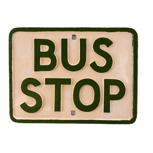 189 - A group of three cast metal and painted bus stop signs, mid-20th century, the largest 34.5 cm x 30cm... 