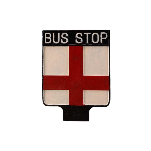 189 - A group of three cast metal and painted bus stop signs, mid-20th century, the largest 34.5 cm x 30cm... 