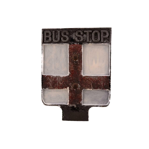 189 - A group of three cast metal and painted bus stop signs, mid-20th century, the largest 34.5 cm x 30cm... 