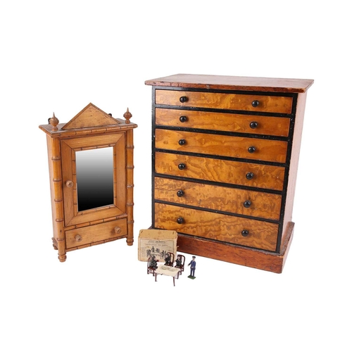 194 - An Aesthetic Movement period faux bamboo and pine miniature mirror door wardrobe with apse and finia... 