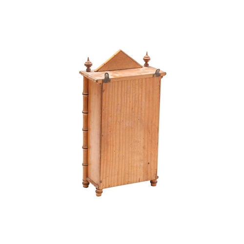 194 - An Aesthetic Movement period faux bamboo and pine miniature mirror door wardrobe with apse and finia... 