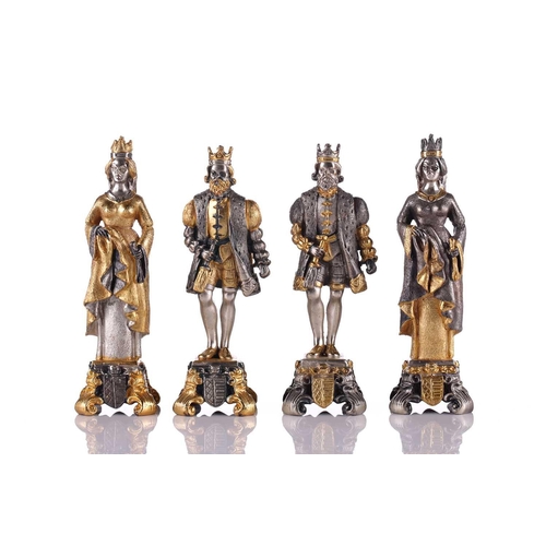 196 - A Piero Benzoni 'Sun King - Louis XIV' pattern chess set and board, the figures in white metal with ... 