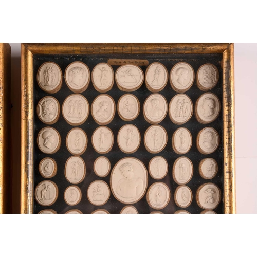 198 - Two gilt box framed arrangements of grand tour plaster intaglios one frame bearing the legend, 'Stil... 