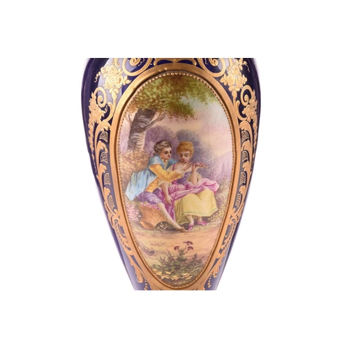 223 - A pair of large Sevres style vases and covers, late 19th or early 20th century, each with a painted ... 