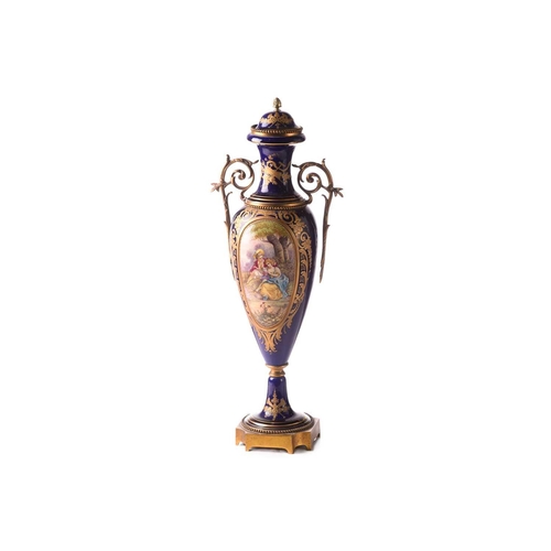 223 - A pair of large Sevres style vases and covers, late 19th or early 20th century, each with a painted ... 