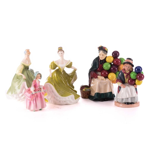 224 - A large collection of Royal Doulton figures, to include HN1315 The Old Balloon Seller, HN 2934 Ballo... 