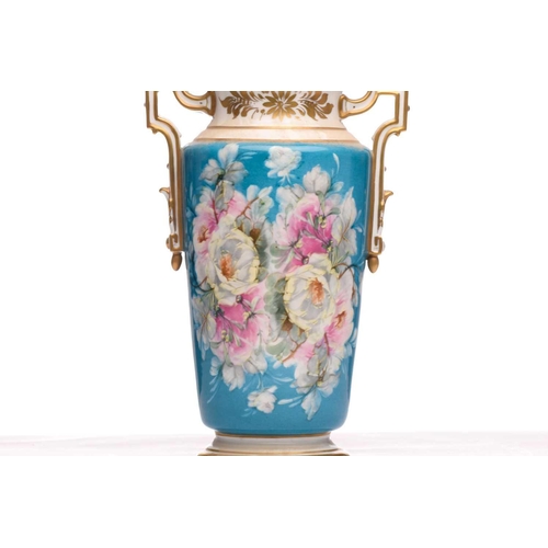 225 - A pair of Paris porcelain baluster vases, 19th/ 20th century, each with flared and shaped rims and a... 