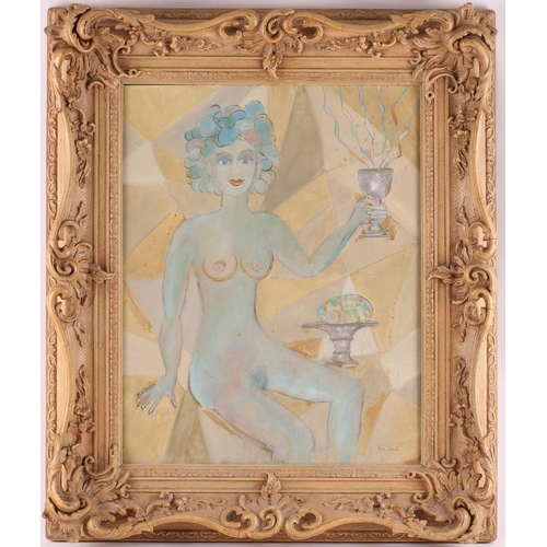 23 - † Karl Barrie (contemporary), 'Lady with Glass', seated female nude, oil on panel, signed to lower r... 