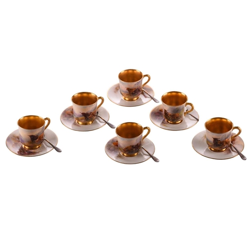 230 - A presentation cased Harry Stinton for Royal Worcester porcelain demitasse coffee set for six person... 