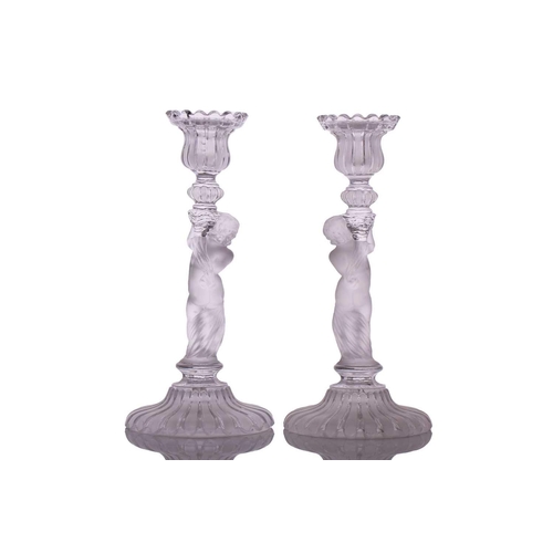 235 - Three pairs of 20th-century Baccarat part frosted figural glass candle sticks, all marked 