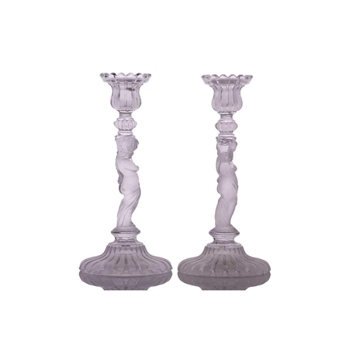 235 - Three pairs of 20th-century Baccarat part frosted figural glass candle sticks, all marked 