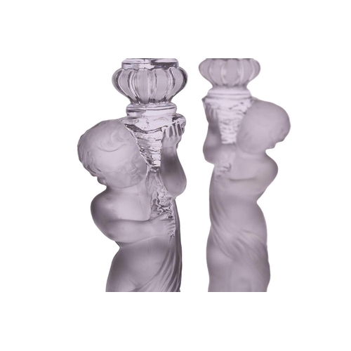 235 - Three pairs of 20th-century Baccarat part frosted figural glass candle sticks, all marked 