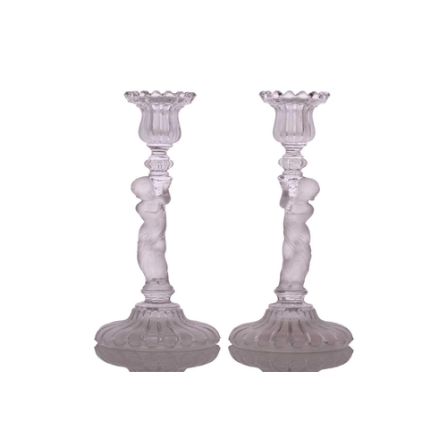 235 - Three pairs of 20th-century Baccarat part frosted figural glass candle sticks, all marked 