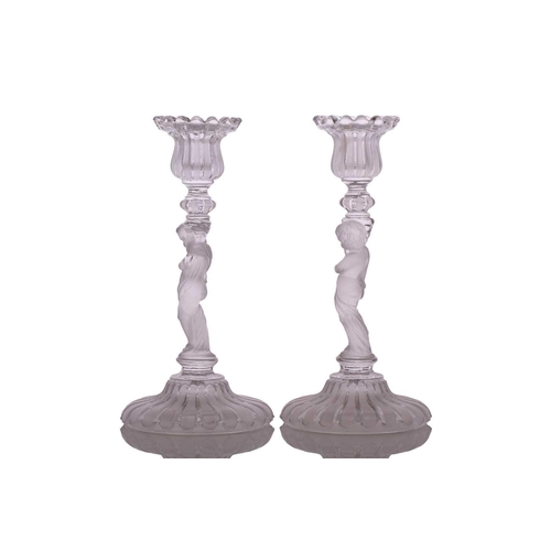 235 - Three pairs of 20th-century Baccarat part frosted figural glass candle sticks, all marked 