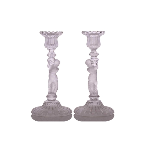 235 - Three pairs of 20th-century Baccarat part frosted figural glass candle sticks, all marked 