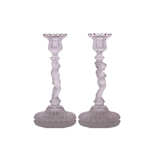 235 - Three pairs of 20th-century Baccarat part frosted figural glass candle sticks, all marked 