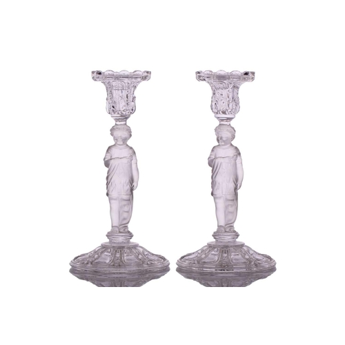 235 - Three pairs of 20th-century Baccarat part frosted figural glass candle sticks, all marked 