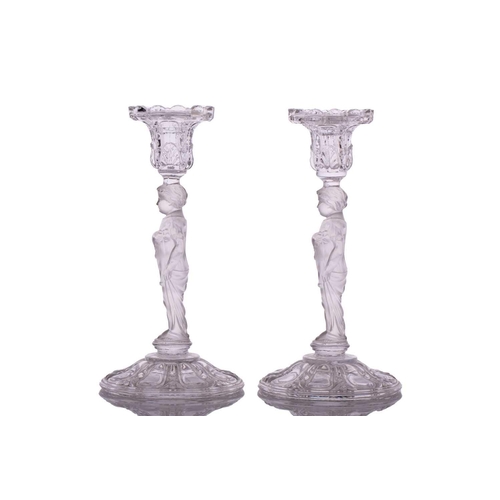 235 - Three pairs of 20th-century Baccarat part frosted figural glass candle sticks, all marked 