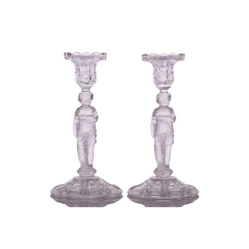 235 - Three pairs of 20th-century Baccarat part frosted figural glass candle sticks, all marked 