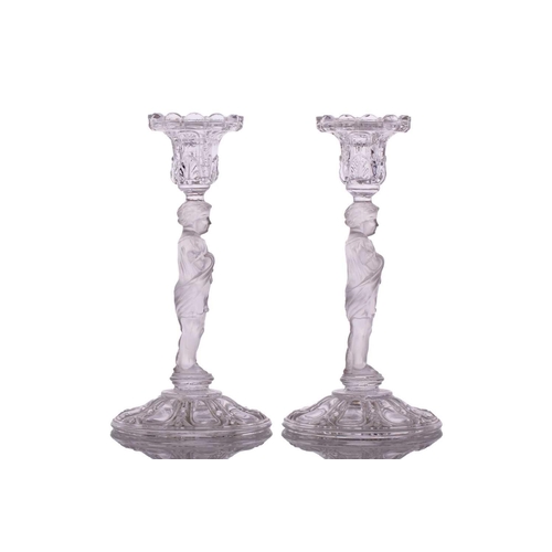 235 - Three pairs of 20th-century Baccarat part frosted figural glass candle sticks, all marked 