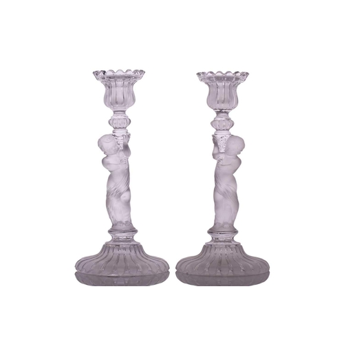 235 - Three pairs of 20th-century Baccarat part frosted figural glass candle sticks, all marked 