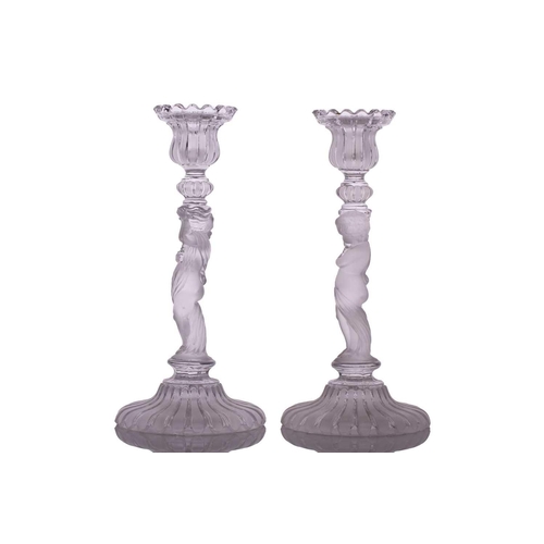 235 - Three pairs of 20th-century Baccarat part frosted figural glass candle sticks, all marked 