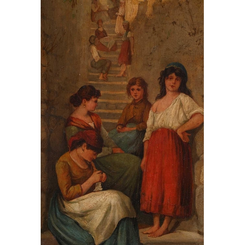 34 - Charles Benoit? (19th century Continental school), a group of peasant women, oil on board, signed to... 