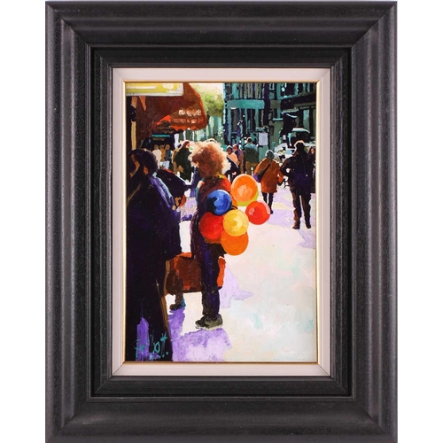 36 - Graham Elliott (contemporary), 'Lady with Balloons, Amsterdam', oil on board, signed to lower left c... 