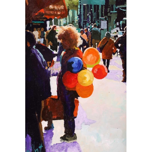 36 - Graham Elliott (contemporary), 'Lady with Balloons, Amsterdam', oil on board, signed to lower left c... 