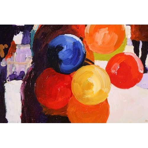 36 - Graham Elliott (contemporary), 'Lady with Balloons, Amsterdam', oil on board, signed to lower left c... 