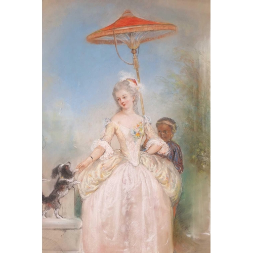 4 - 19th century school, a portrait of a finely dressed lady with parasol, a servant and dog at her side... 