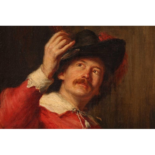 41 - 19th century school, portrait of a seated soldier in red tunic, unsigned oil on canvas, 30 cm x 26 c... 