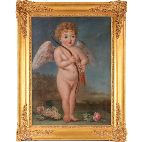 44 - 20th century school, a naive portrait of Cupid, oil on canvas, 75 cm x 55 cm in a gilt frame.