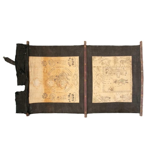 59 - Two Chinese printed and hanging theatrical linen banners, both mid-20th century one bearing characte... 