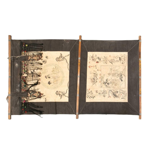 59 - Two Chinese printed and hanging theatrical linen banners, both mid-20th century one bearing characte... 