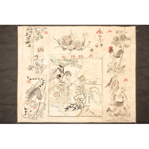 59 - Two Chinese printed and hanging theatrical linen banners, both mid-20th century one bearing characte... 