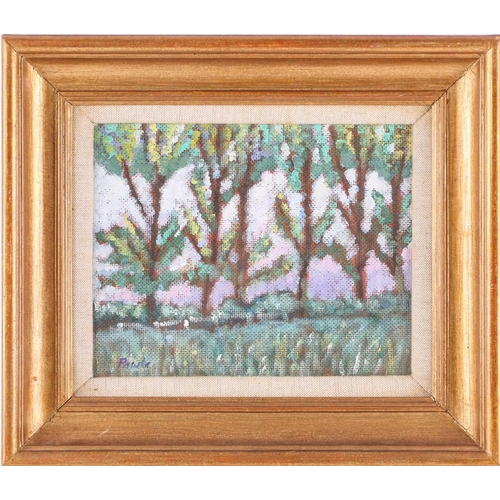 7 - † John Pawle (1915-2010) British, 'Priory Meadows', oil on board, 19 cm x 23.5 cm framed and glazed,... 